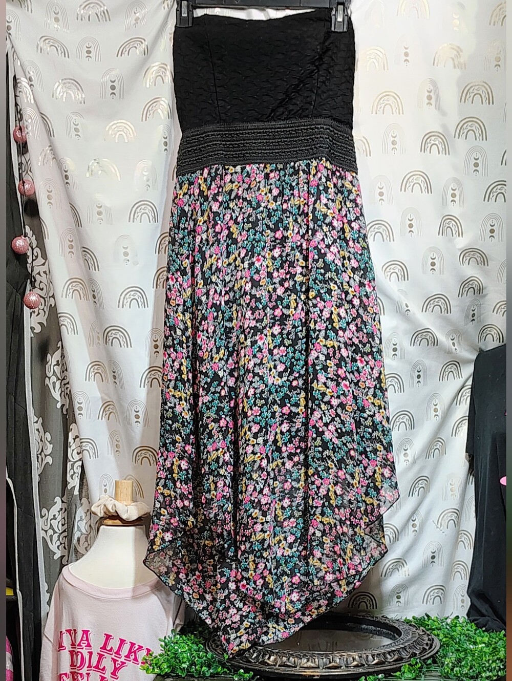 Nordstrom Black Floral Asymmetrical Handkerchief Skirt